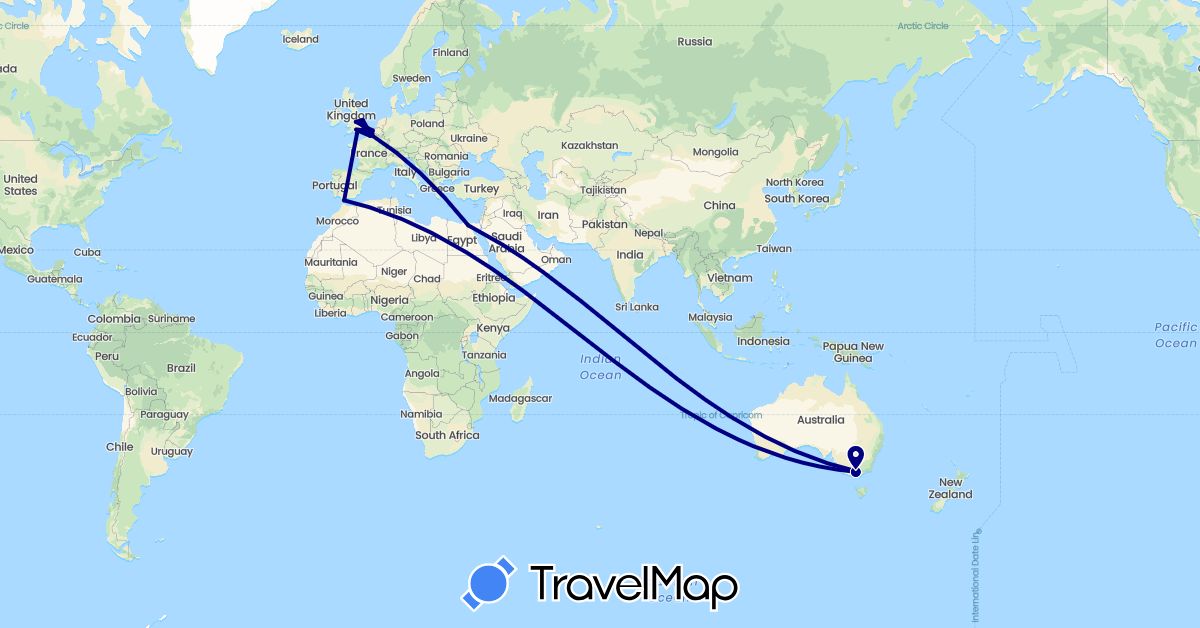 TravelMap itinerary: driving in Australia, Belgium, Egypt, France, United Kingdom, Gibraltar (Africa, Europe, Oceania)
